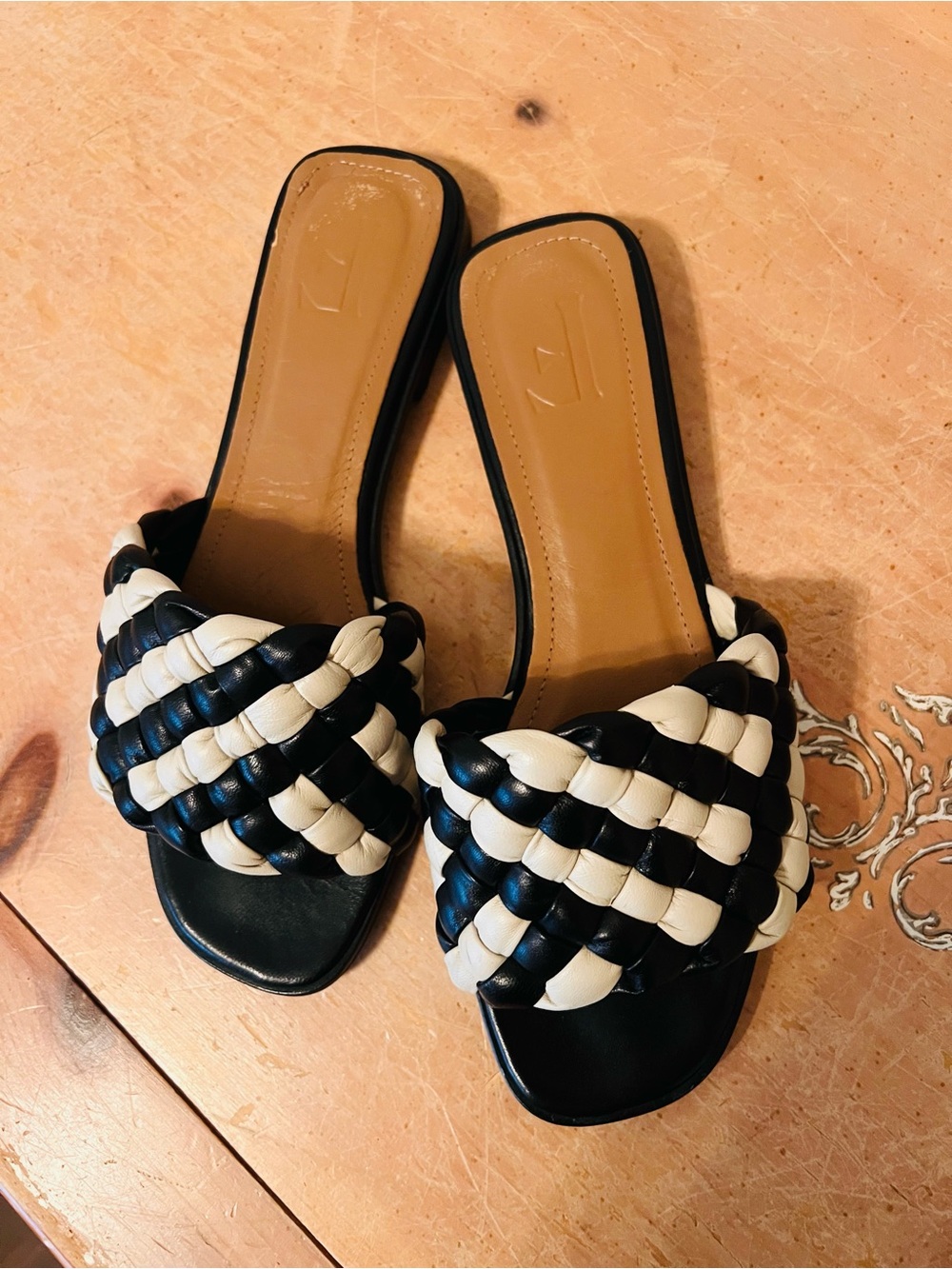 Flattered Black and White Braided Slide Mules